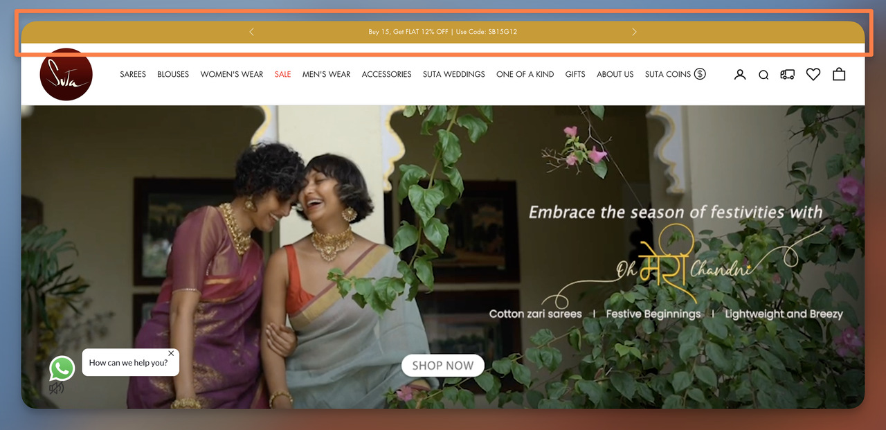 Suta announcement bar showing buy 15 get flat 12 percent off with discount code SB15G12
