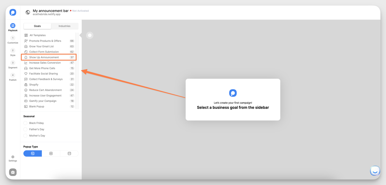 Popupsmart sidebar showing Show Up Announcement business goal selection