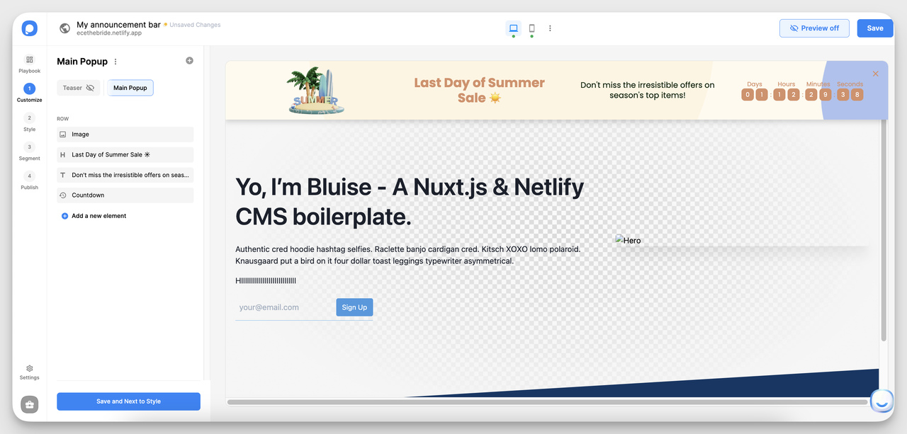 Popupsmart template gallery showing announcement bar templates for ecommerce campaigns