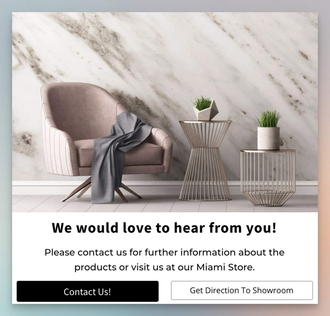 A popup example with buttons for contact page and directions to showroom from Sefa Stone case study