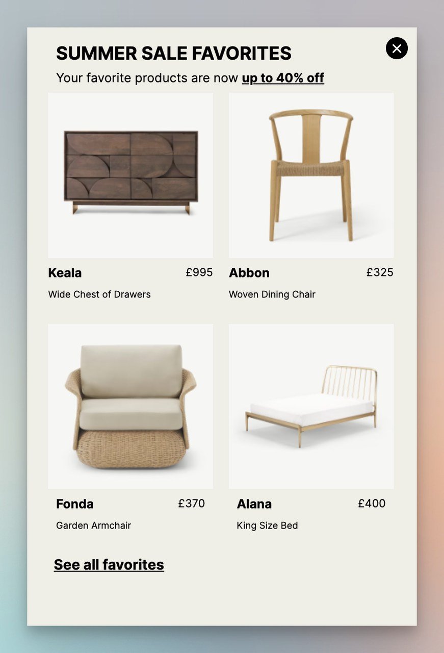 Summer sale product recommendation popup displaying four furniture items with clean minimal design