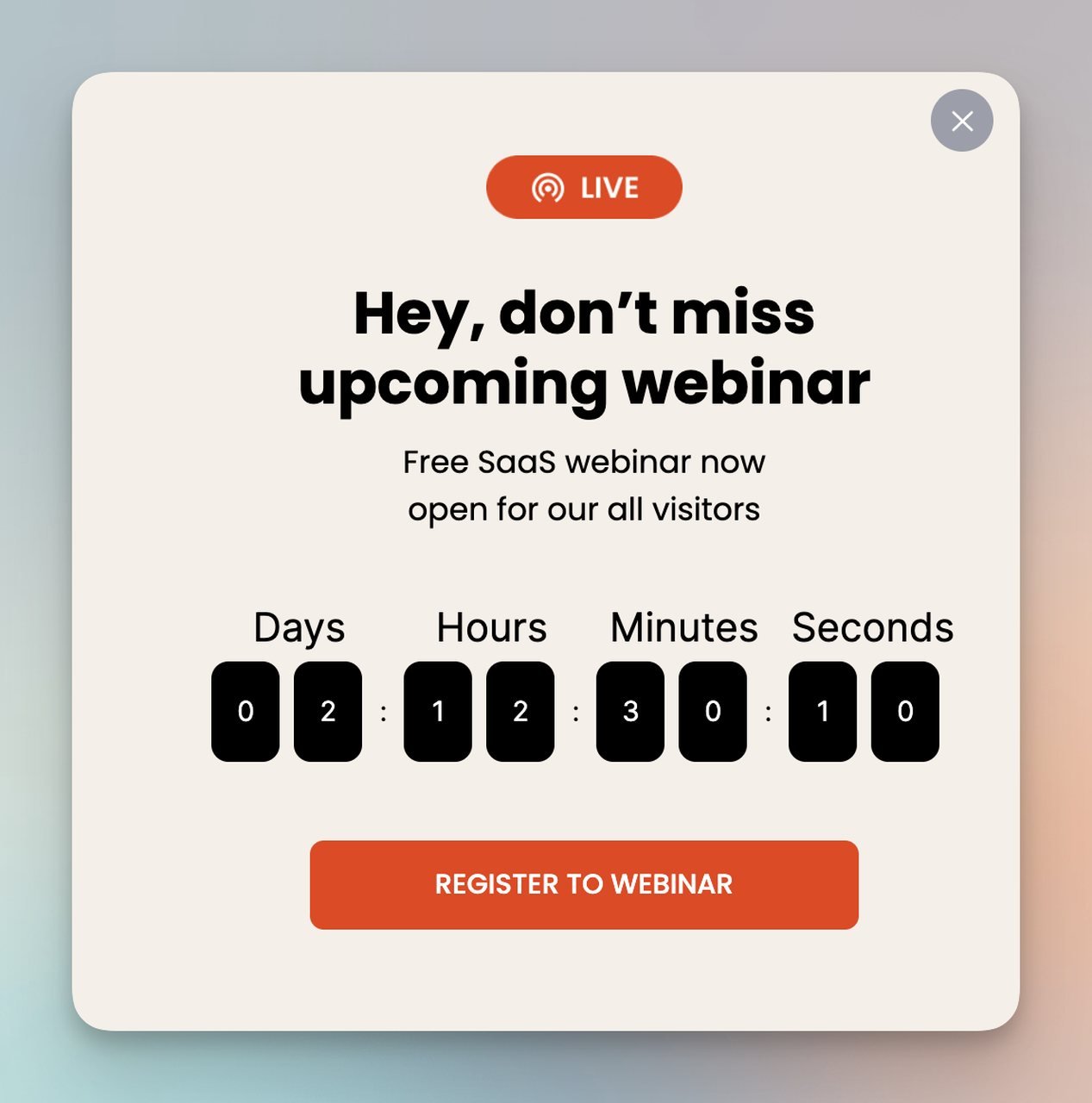 Countdown timer popup creating urgency with a limited-time discount offer and ticking clock