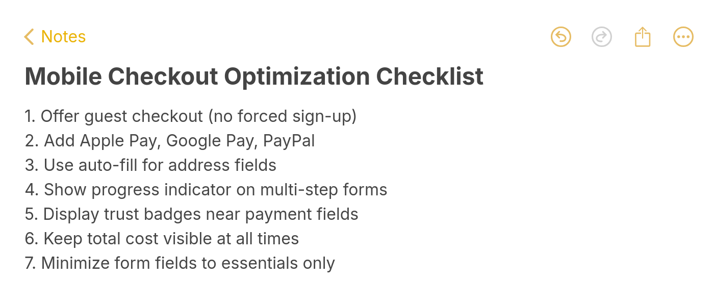 Seven-point mobile checkout optimization checklist for reducing cart abandonment rates