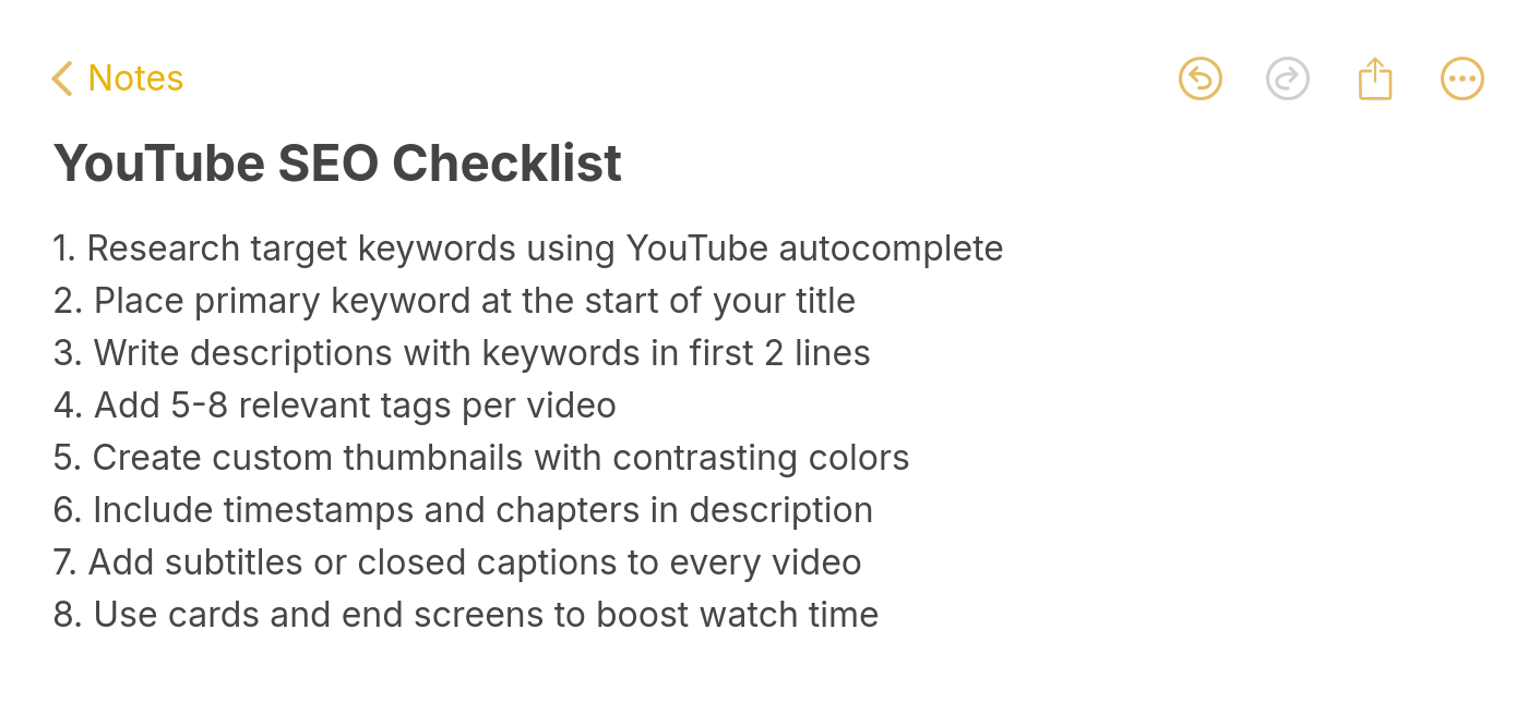 Eight-step YouTube SEO checklist covering keywords titles descriptions and thumbnails