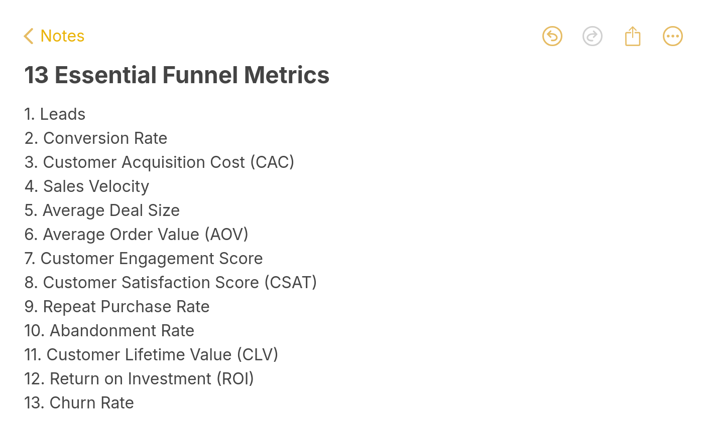 List of 13 essential funnel metrics: leads, conversion rate, CAC, sales velocity, average deal size, AOV, customer engagement score, CSAT, repeat purchase rate, abandonment rate, CLV, ROI, and churn rate