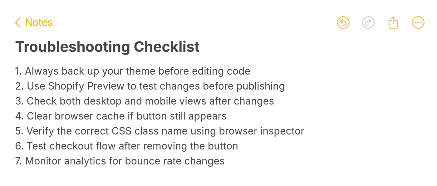 Troubleshooting checklist for removing add to cart button on Shopify including backup, preview testing, mobile checks, and analytics monitoring