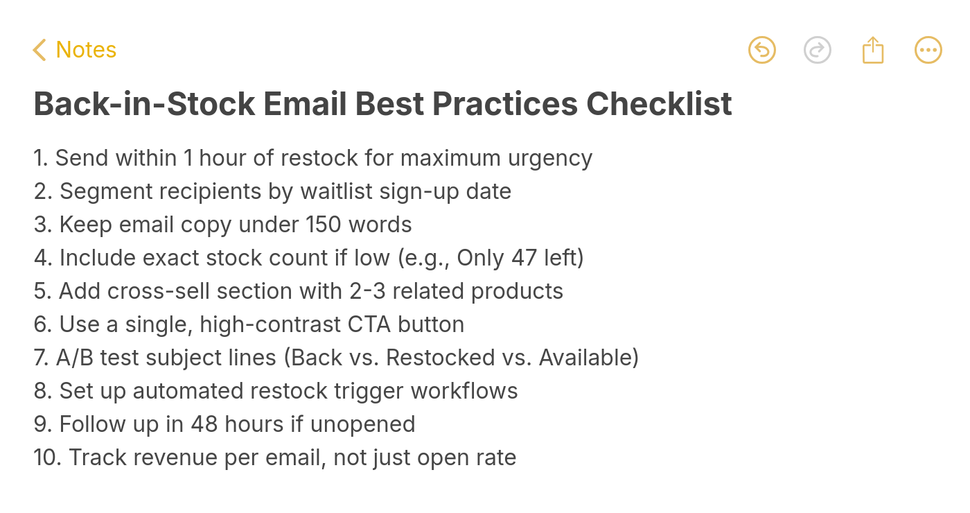 Back-in-stock email best practices checklist with 10 actionable tips including send timing, segmentation, stock counts, and A/B testing
