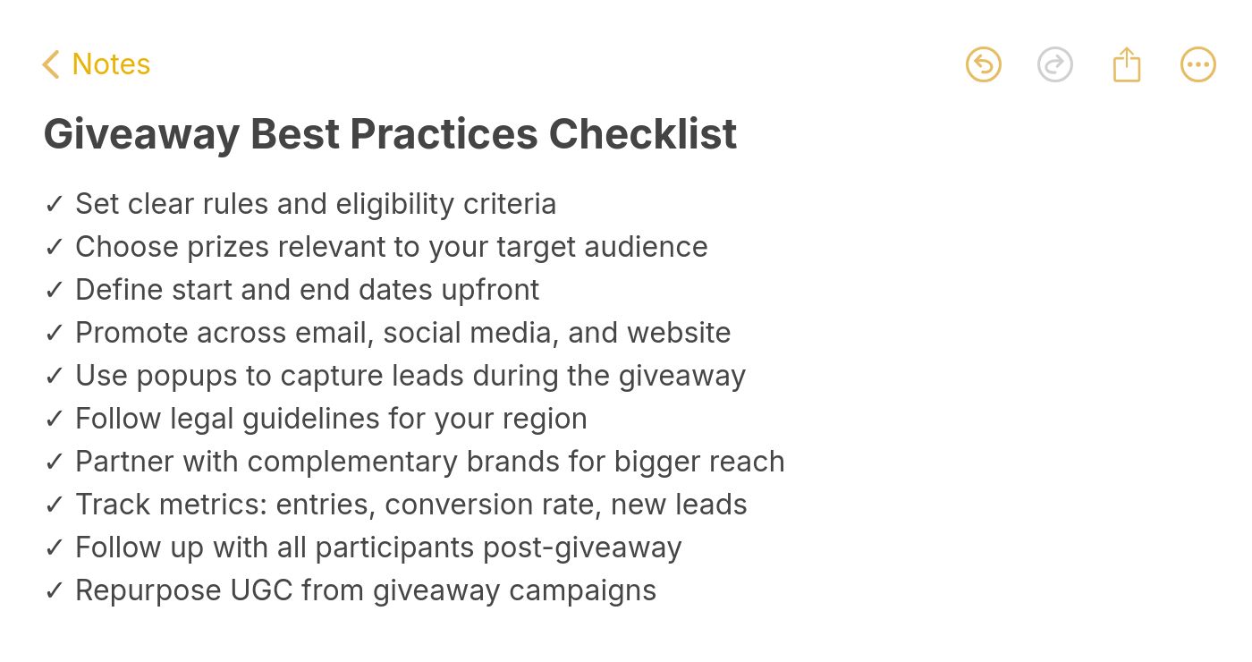 Giveaway best practices checklist covering rules, prize selection, promotion channels, lead capture, legal compliance, and metrics tracking