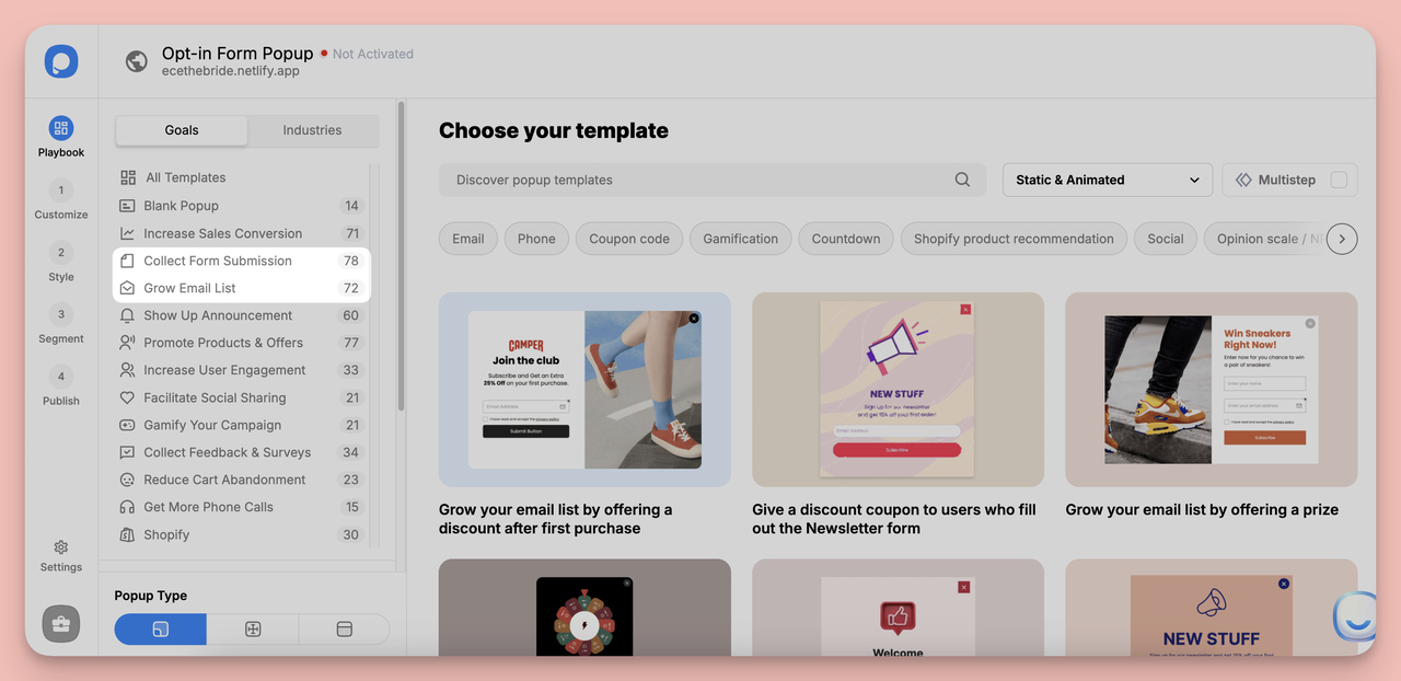 Popupsmart popup templates organized by business goal for opt-in form campaigns