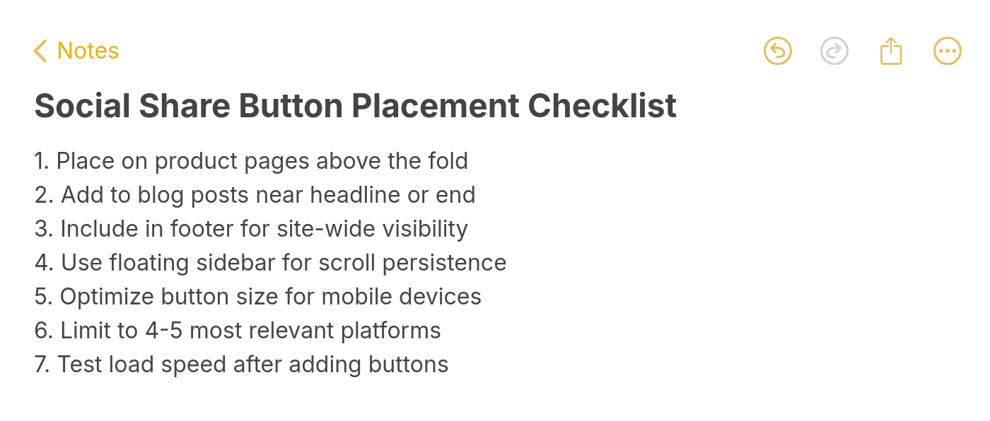 Seven-point checklist for optimal social share button placement on Shopify product and blog pages