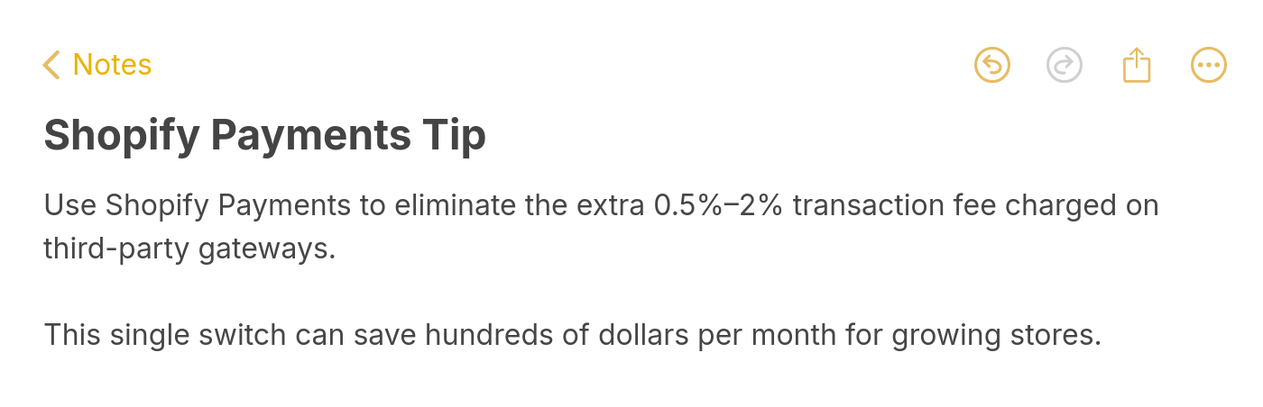 Tip to use Shopify Payments to eliminate the extra 0.5 percent to 2 percent transaction fee on third-party gateways
