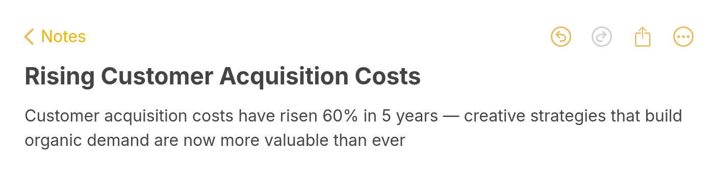 Note highlighting that customer acquisition costs have risen 60% in 5 years, making creative organic demand strategies more valuable
