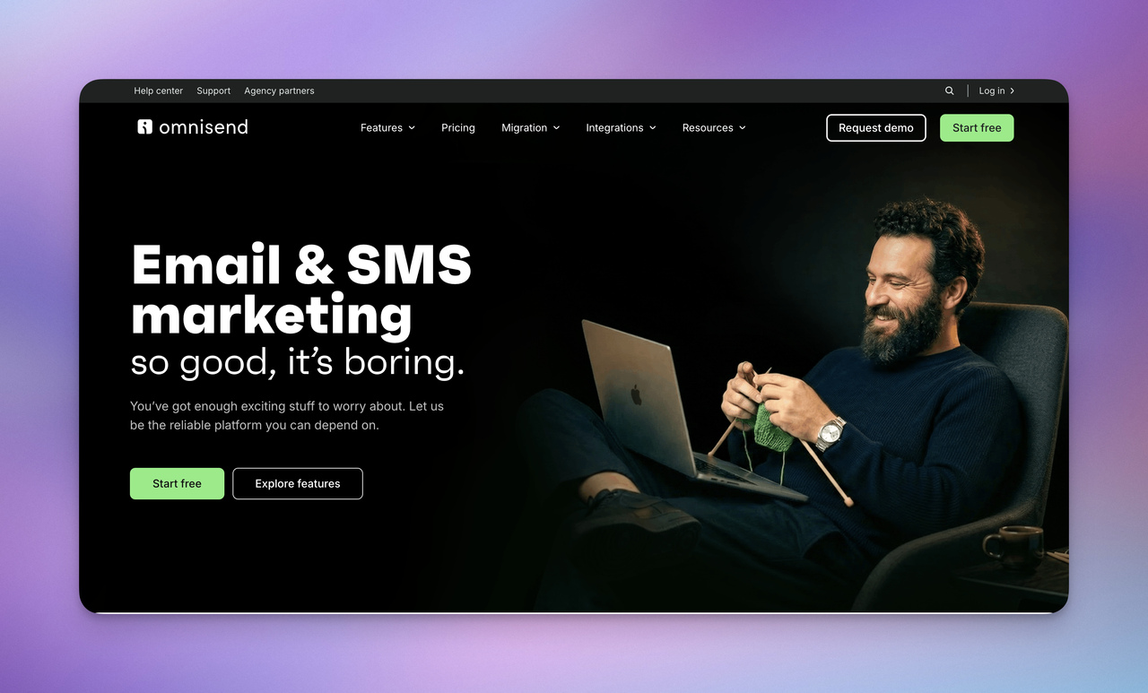 Omnisend homepage highlighting ecommerce email and SMS marketing platform with automation features for online stores