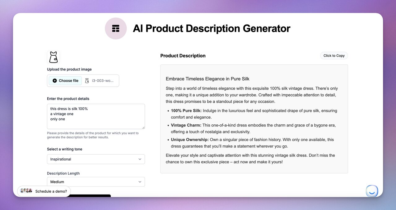 AI Product Description Generator creating a product description from an uploaded image