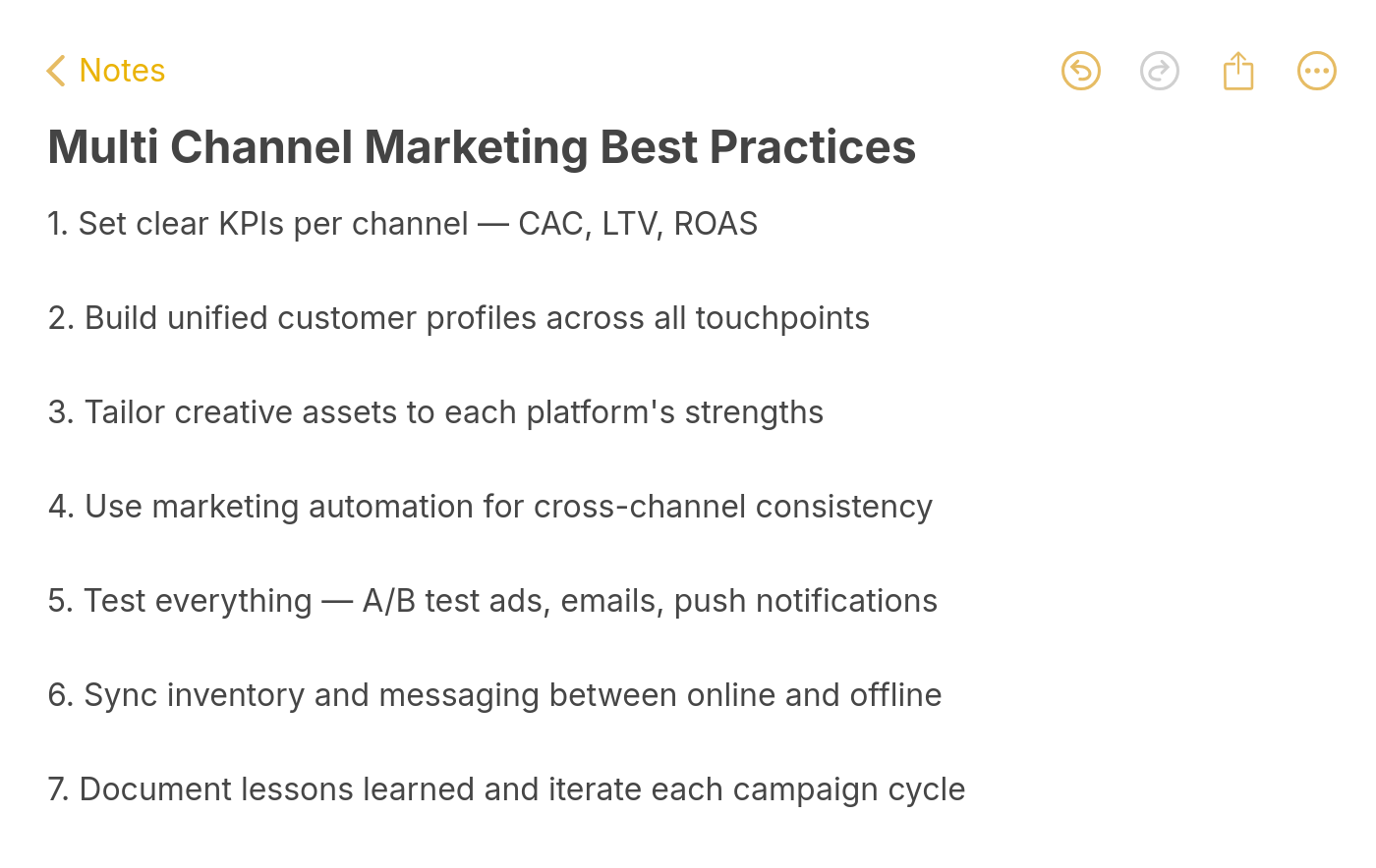 Multi channel marketing best practices checklist including KPI tracking automation and cross-channel testing