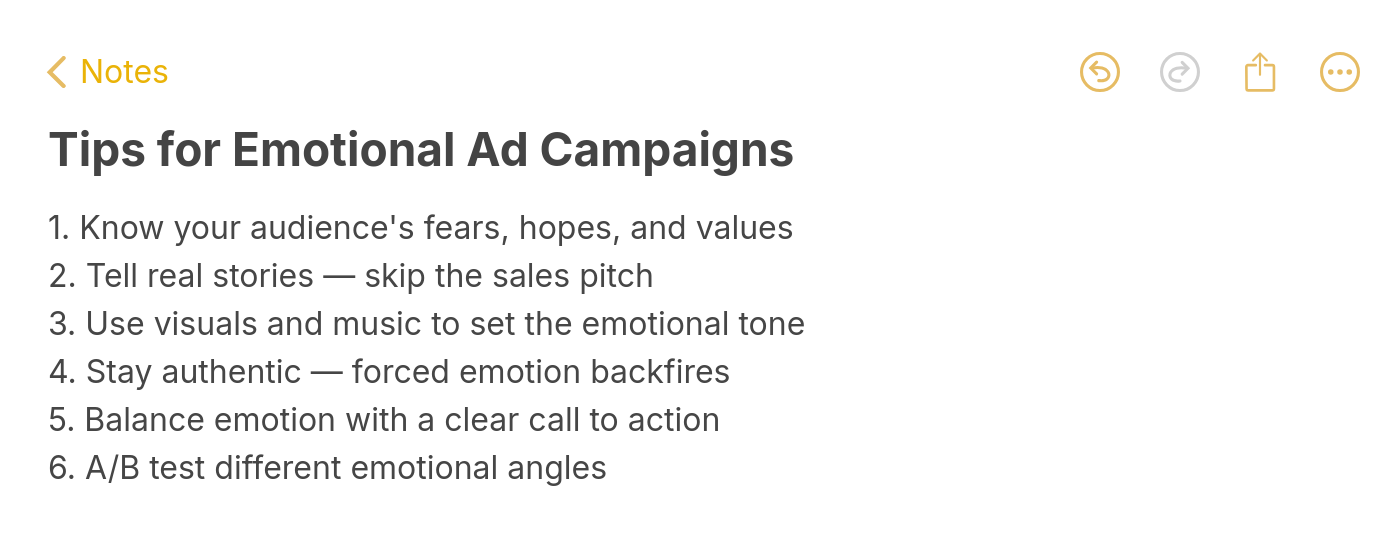 Tips for creating effective emotional ad campaigns including audience research, storytelling, and A/B testing