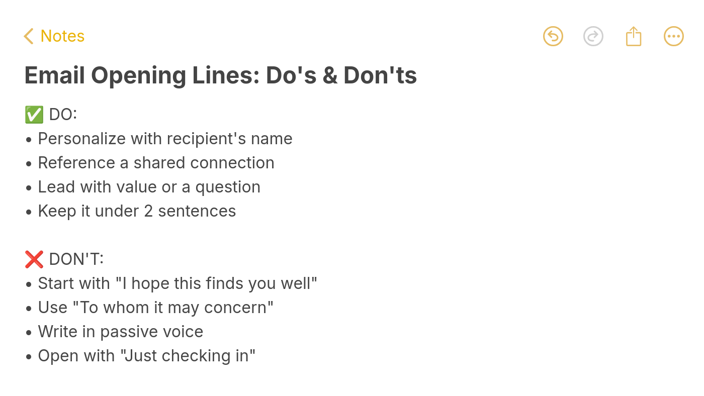 Email opening lines dos and donts quick reference guide