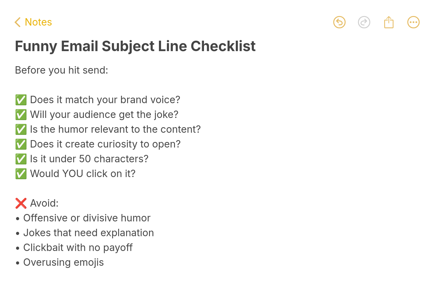 Checklist for writing funny email subject lines with dos and donts for brand voice and audience relevance