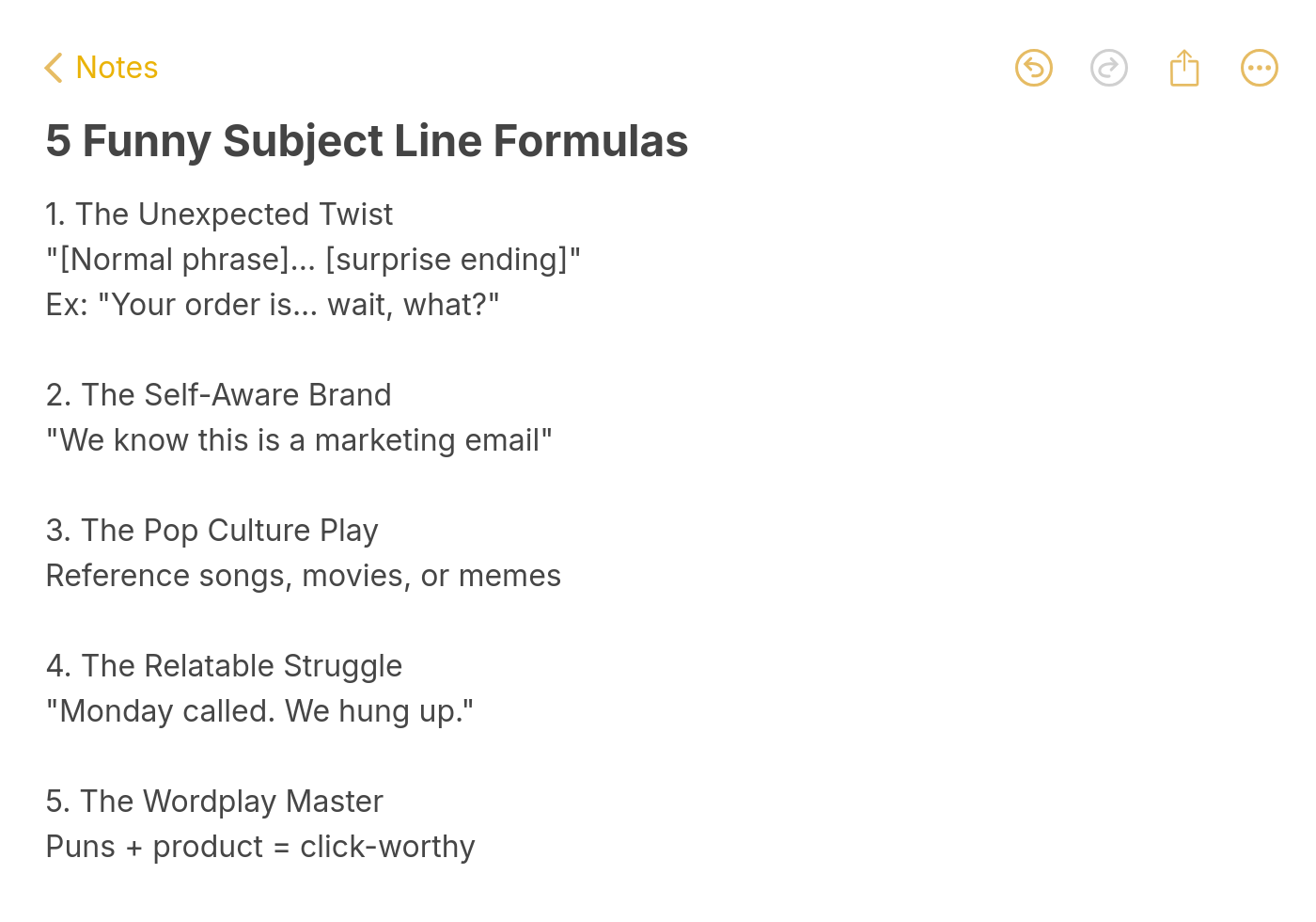 5 funny email subject line formulas including unexpected twist, self-aware brand, pop culture play, relatable struggle, and wordplay
