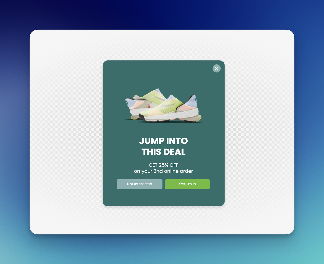 Discount welcome popup featuring sneaker image, 25 percent off offer, two CTA buttons, and product-focused promotional design