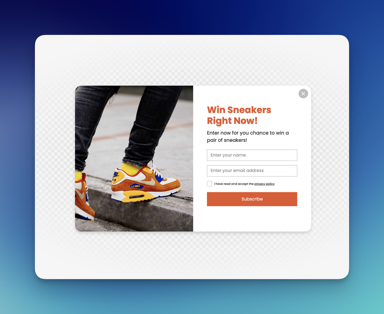 Email signup welcome popup with sneaker giveaway form, name and email fields, privacy checkbox, and subscribe button