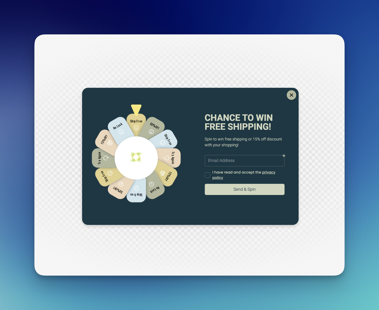 Free shipping welcome popup with spin wheel, email signup form, privacy checkbox, and send and spin CTA button