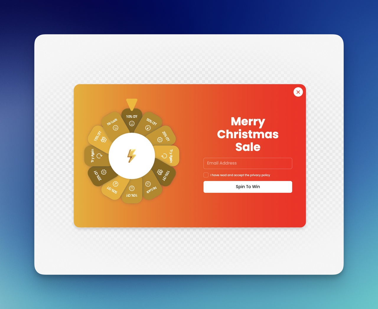 Seasonal campaign welcome popup for Christmas sale with spin wheel, email signup field, privacy checkbox, and spin to win button