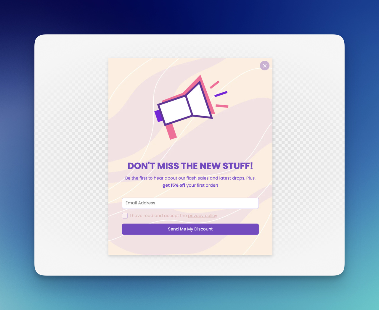 New collection welcome popup with email signup form, discount offer, privacy checkbox, and bold promotional headline