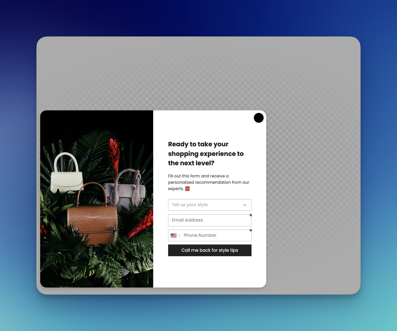 Product recommendation welcome popup with handbag image, style selection form, email field, phone number input, and CTA button