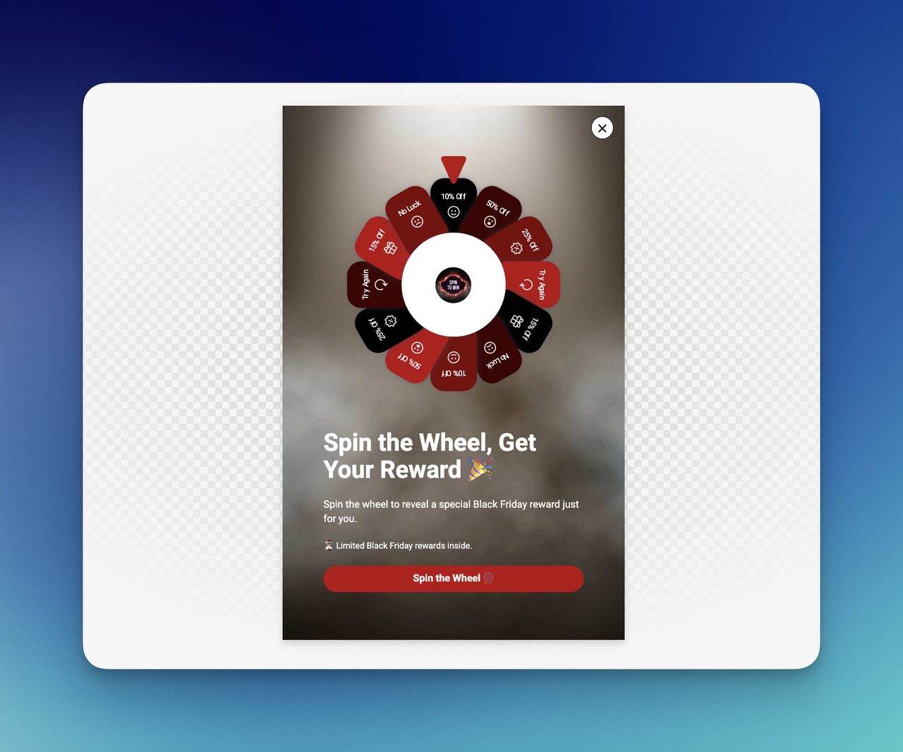 Spin to win welcome popup with prize wheel, Black Friday reward message, promotional CTA button, and gamified discount offer