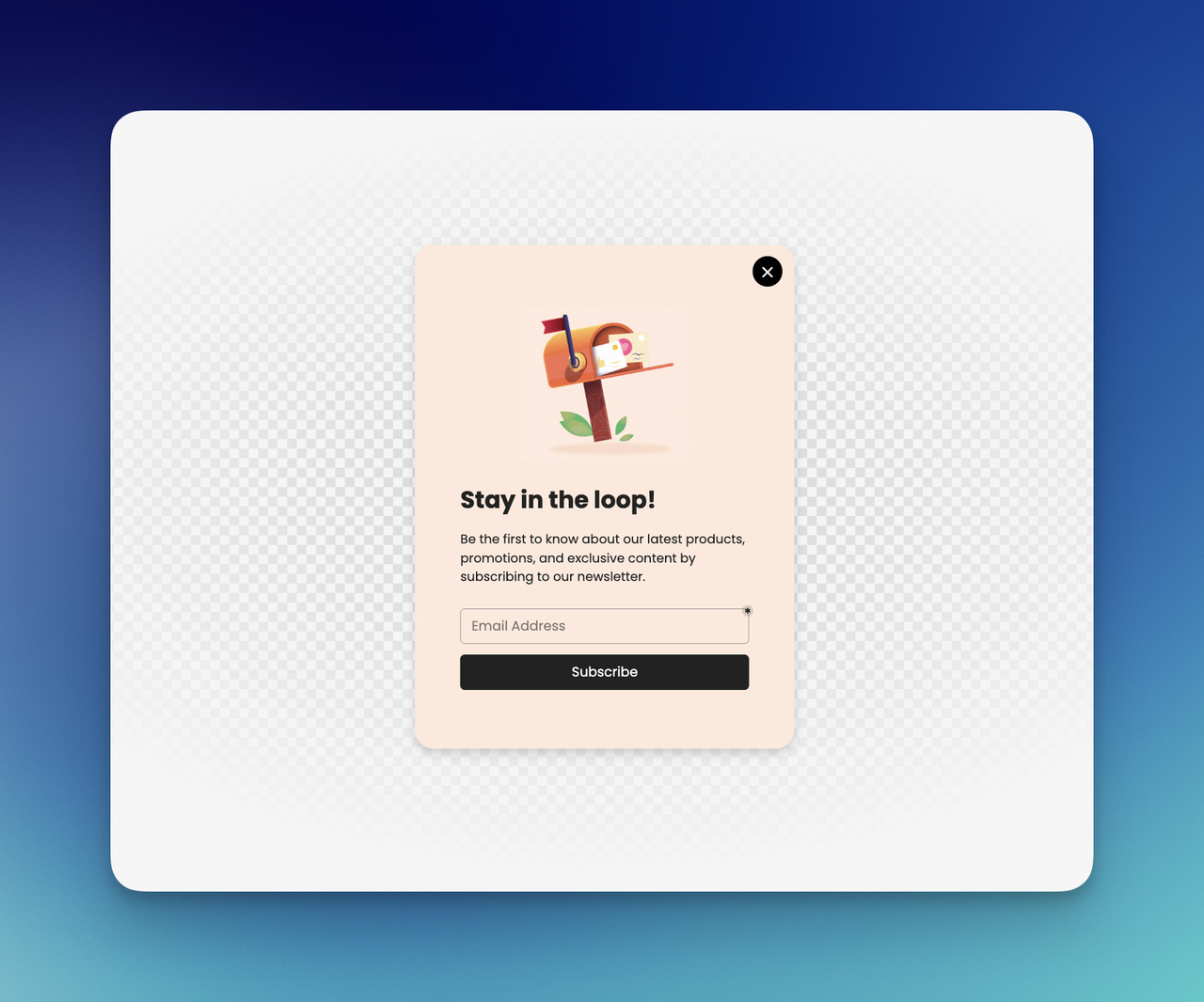 Lead magnet welcome popup example with newsletter signup form, email field, subscribe button, and promotional illustration