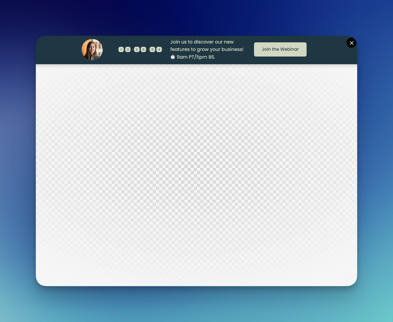 Webinar welcome popup bar with countdown timer, speaker image, event details, CTA button, and close icon