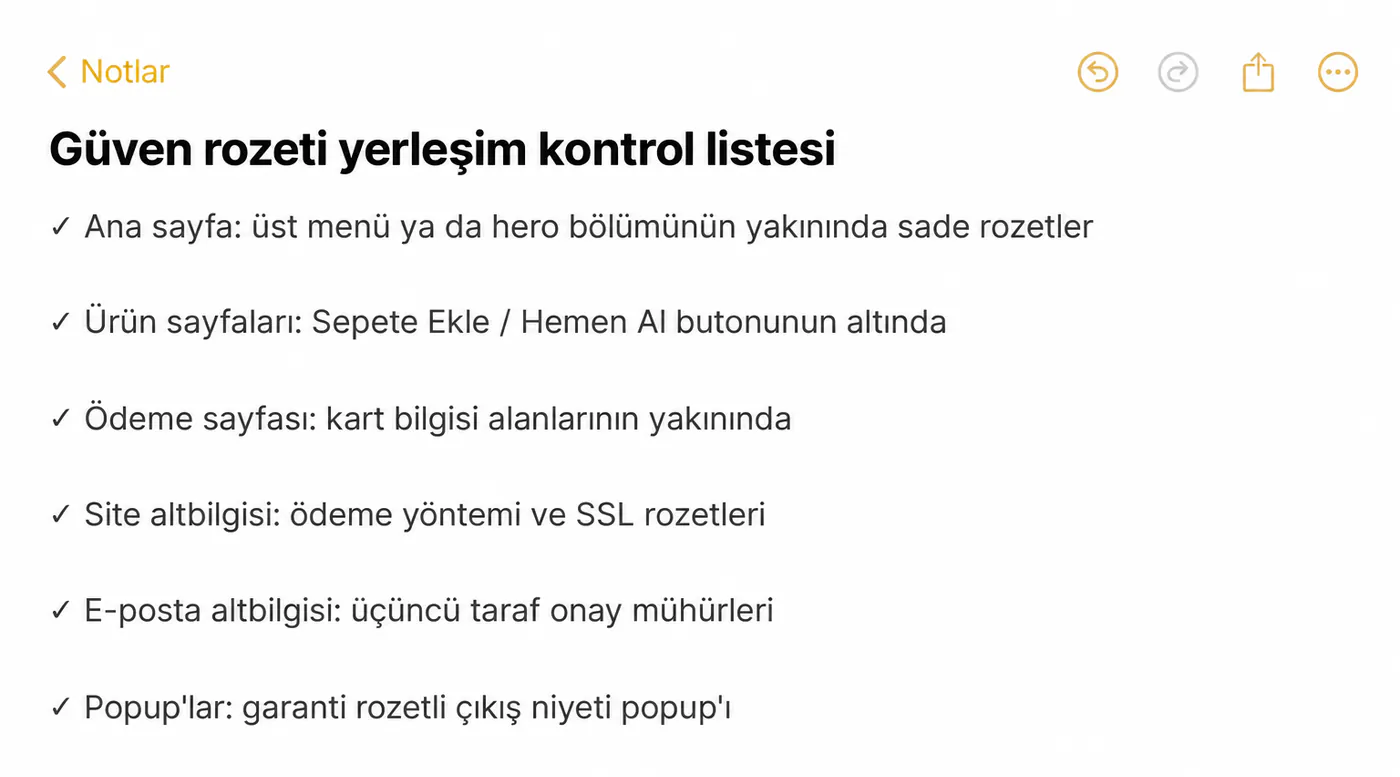 Güven rozeti yerleşim kontrol listesi: ana sayfa, ürün sayfaları, ödeme sayfası, site altbilgisi, e-posta altbilgisi ve popup'lar
