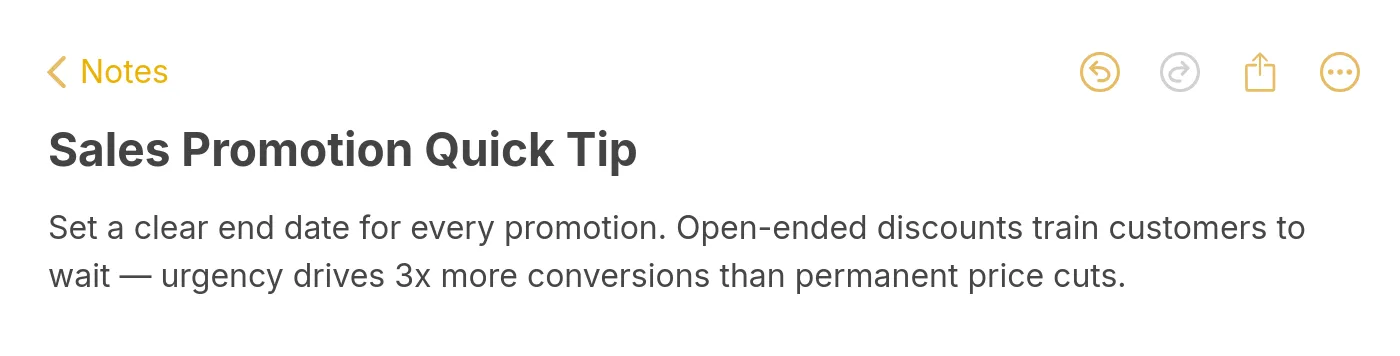Apple Notes style tip card about setting clear end dates for sales promotions