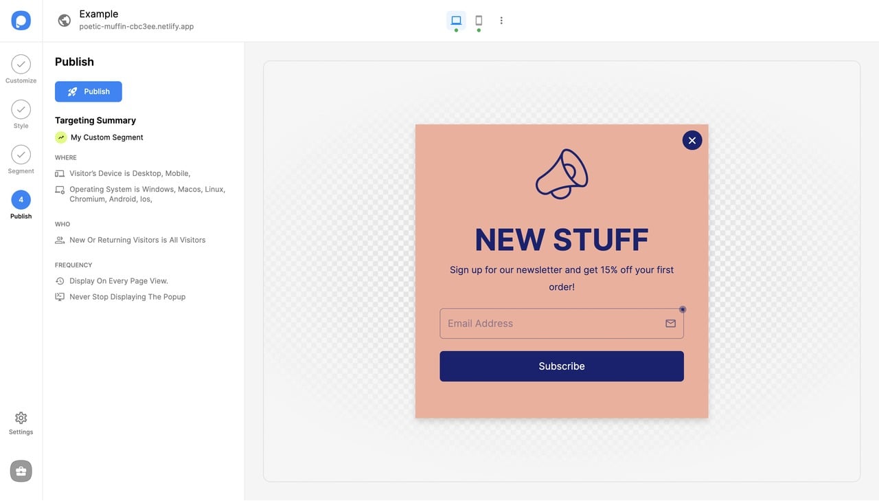 popupsmart publish screen on the builder