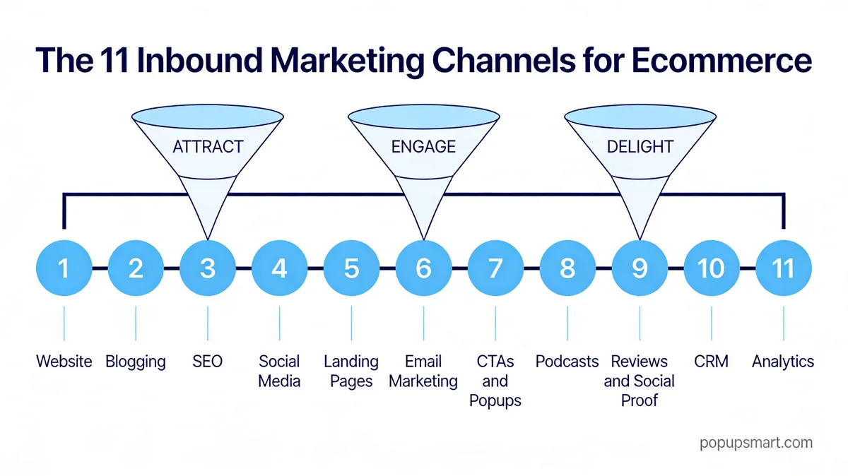 Roadmap infographic of the 11 inbound marketing channels across attract engage delight stages