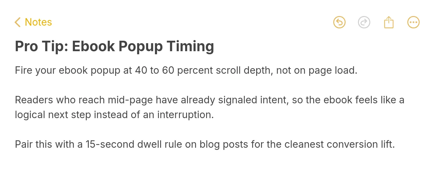 Pro tip Apple Notes style image about firing ebook popups at 40 to 60 percent scroll depth