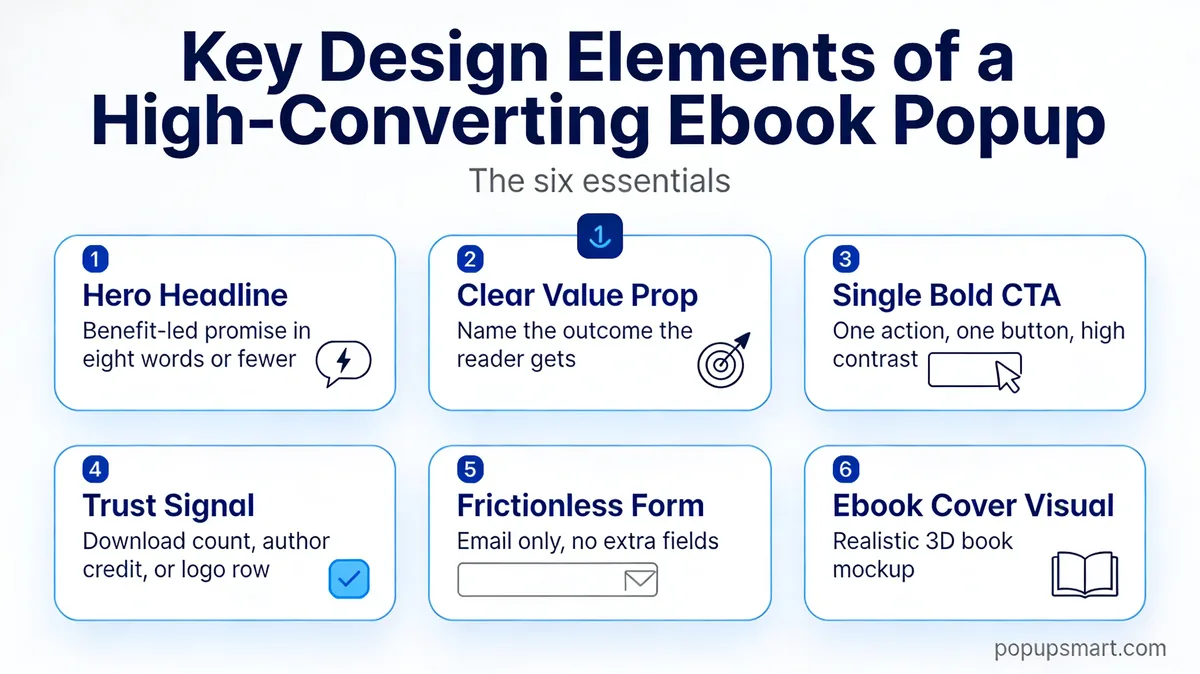 Six key design elements of a high-converting ebook popup: hero headline, clear value prop, single bold CTA, trust signal, frictionless form, ebook cover visual