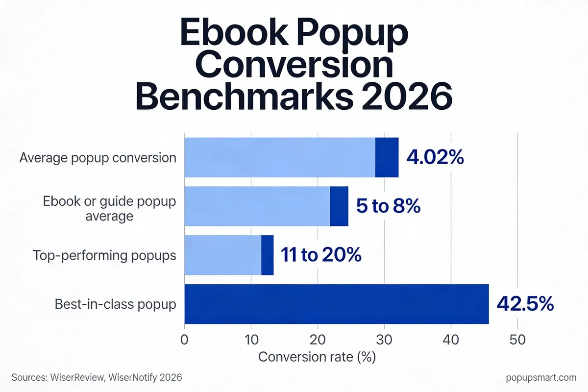 Ebook popup conversion benchmarks 2026 chart: 4.02% average, 5 to 8% ebook popup average, 11 to 20% top performers, 42.5% best in class
