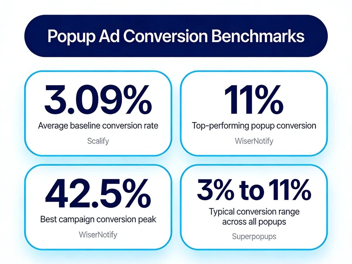 Popup ad conversion benchmarks infographic showing 3.09% average baseline, 11% top-performing rate, 42.5% best campaign peak, and 3% to 11% typical range