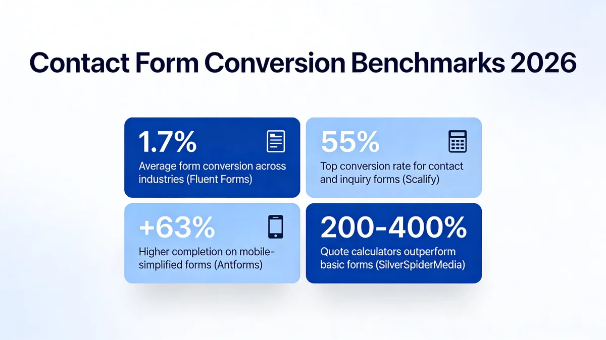 Infographic showing 2026 contact form conversion benchmarks: 1.7% average across industries, 55% top rate for inquiry forms, +63% higher completion on mobile-simplified forms, and 200-400% lift from quote calculators.
