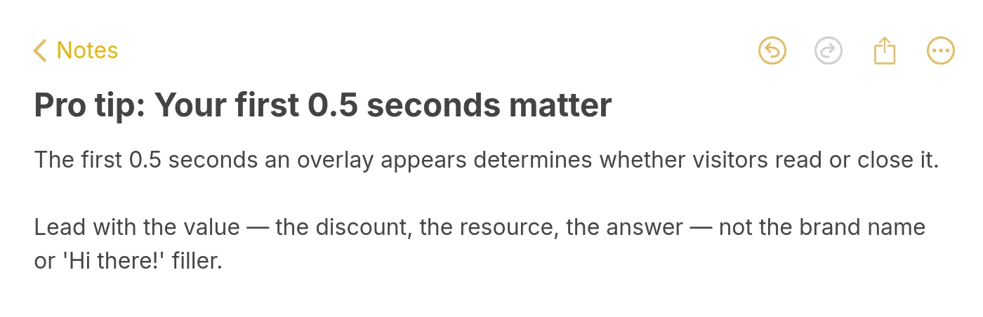 Pro tip note explaining the first 0.5 seconds of a popup overlay decide reader engagement