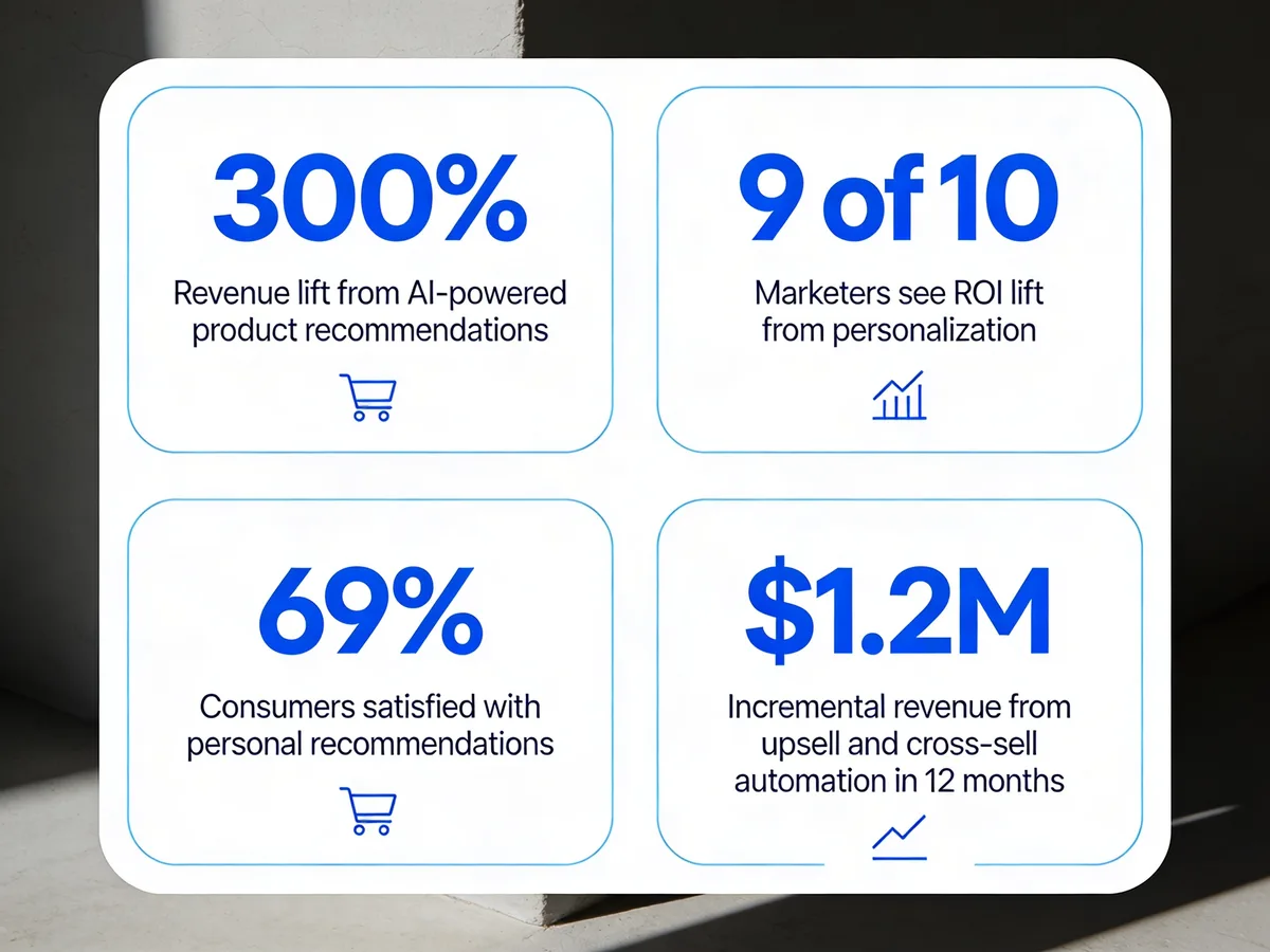 Stats infographic showing 300% revenue lift from AI recommendations, 9 of 10 marketers see ROI lift from personalization, 69% of consumers satisfied with personal recommendations, and $1.2M incremental revenue from upsell and cross-sell automation