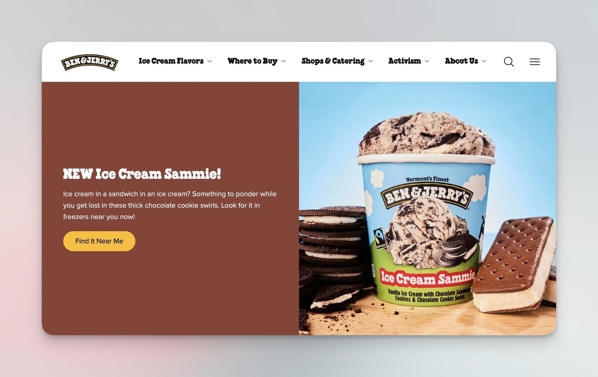 Ben & Jerry's homepage with featured ice cream product recommendations