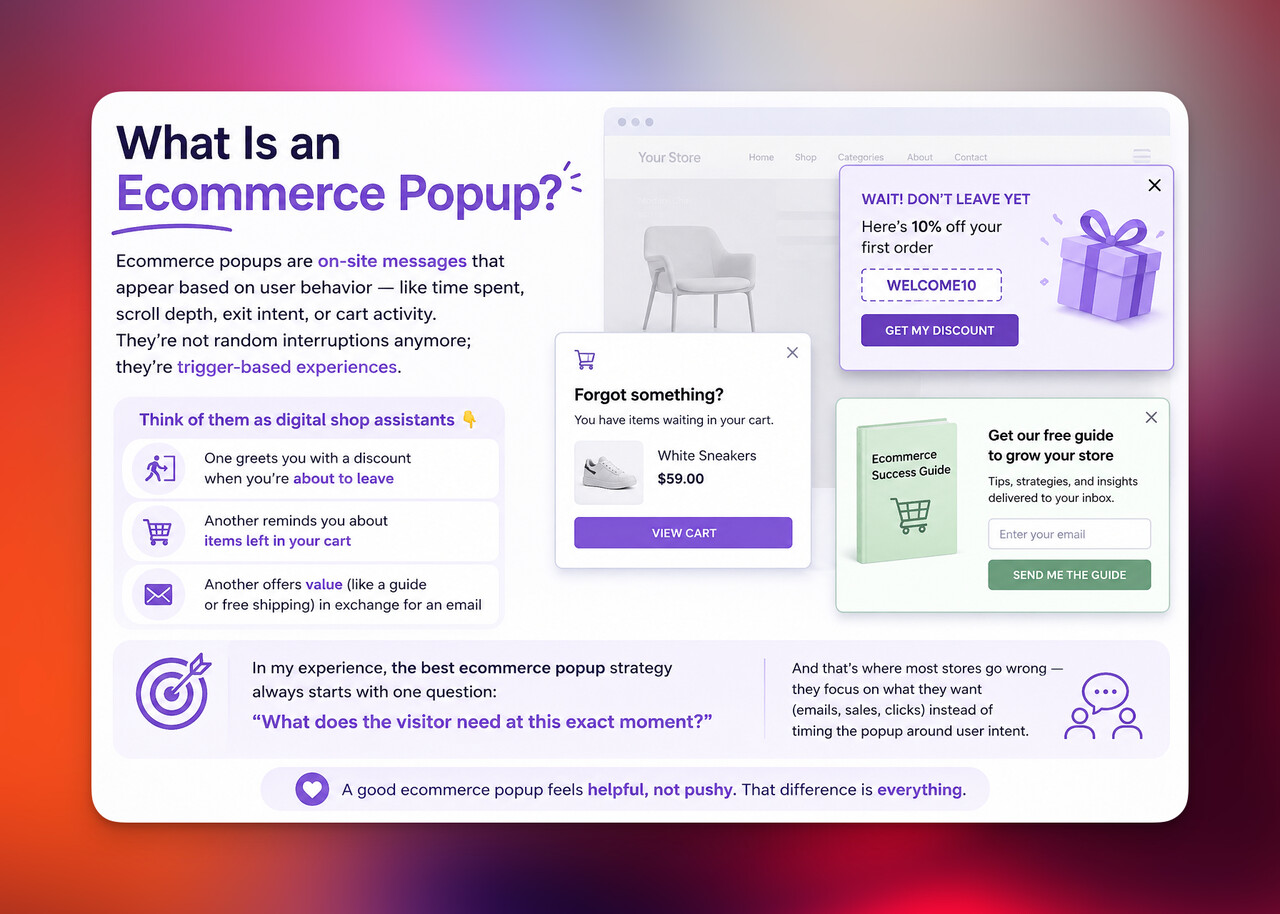 Illustrative image showing what is an ecommerce popup, site messages and exit intent popup example..