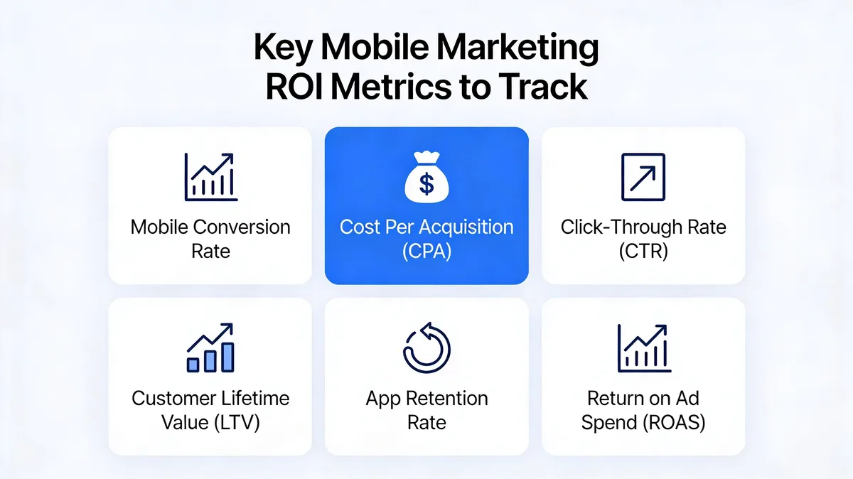 infographic showing six key mobile marketing ROI metrics to track including conversion rate CPA CTR LTV retention and ROAS