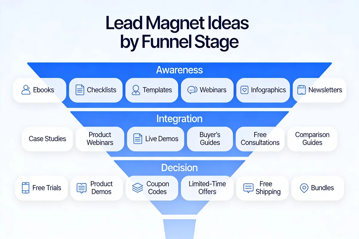 Infographic mapping lead magnet ideas to top, middle, and bottom of the marketing funnel stages