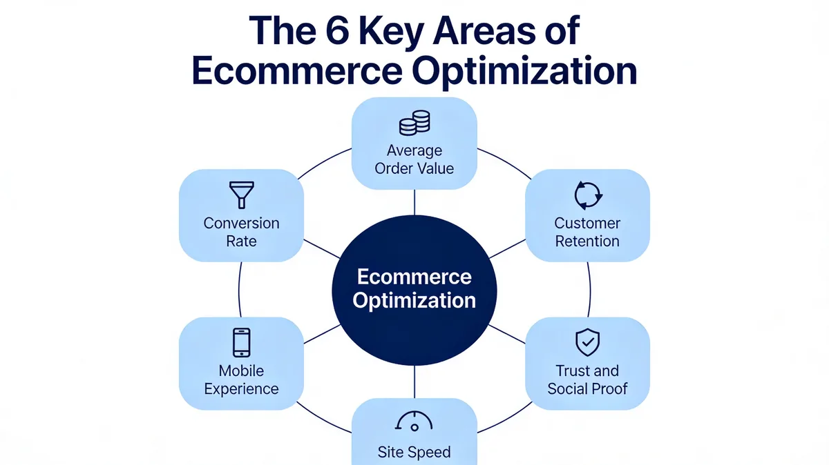 Hub and spoke diagram of the six key areas of ecommerce optimization in 2026: conversion rate, average order value, customer retention, mobile experience, site speed, and trust