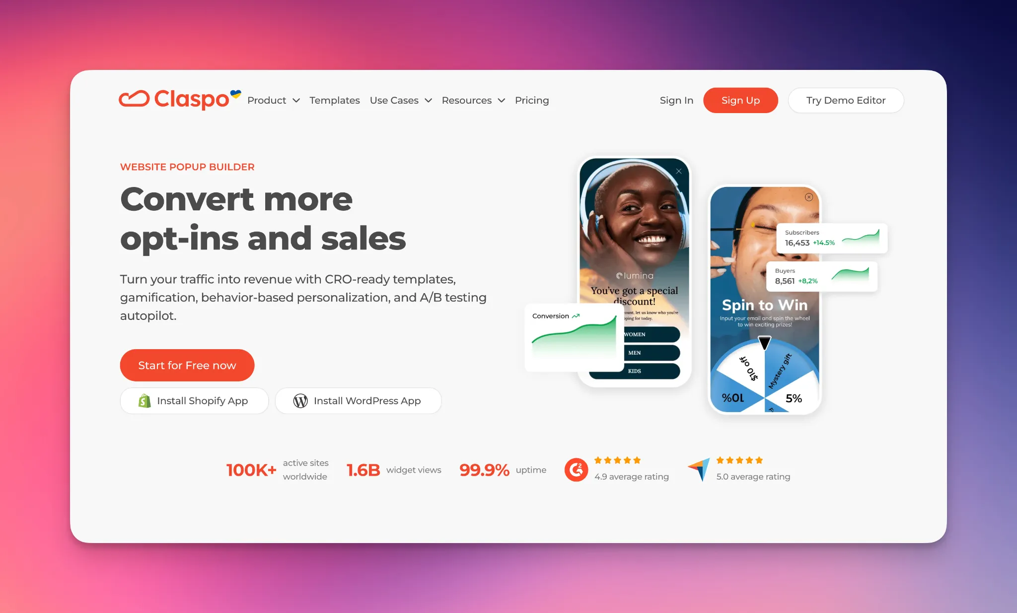 Claspo anasayfası — popup oluşturucu ve dönüşüm optimizasyon platformu.