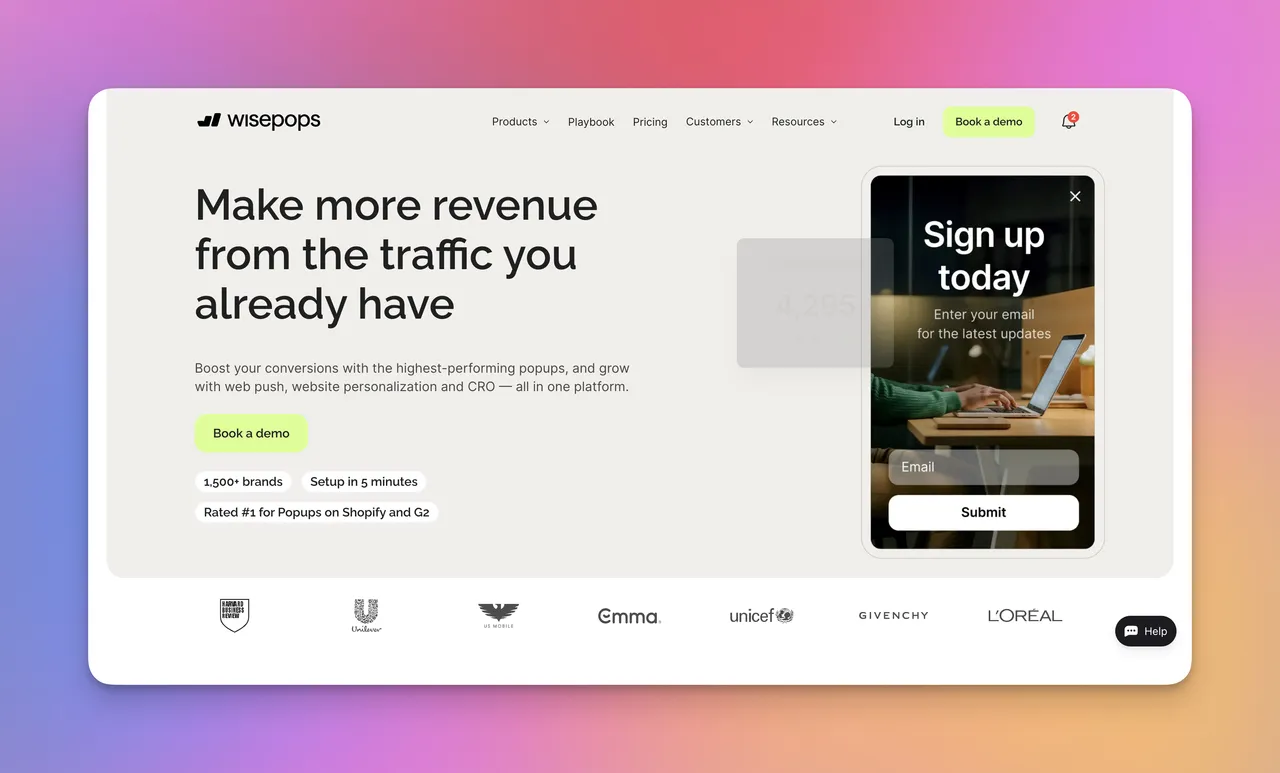 Wisepops anasayfası — gelişmiş popup ve site içi pazarlama platformu.